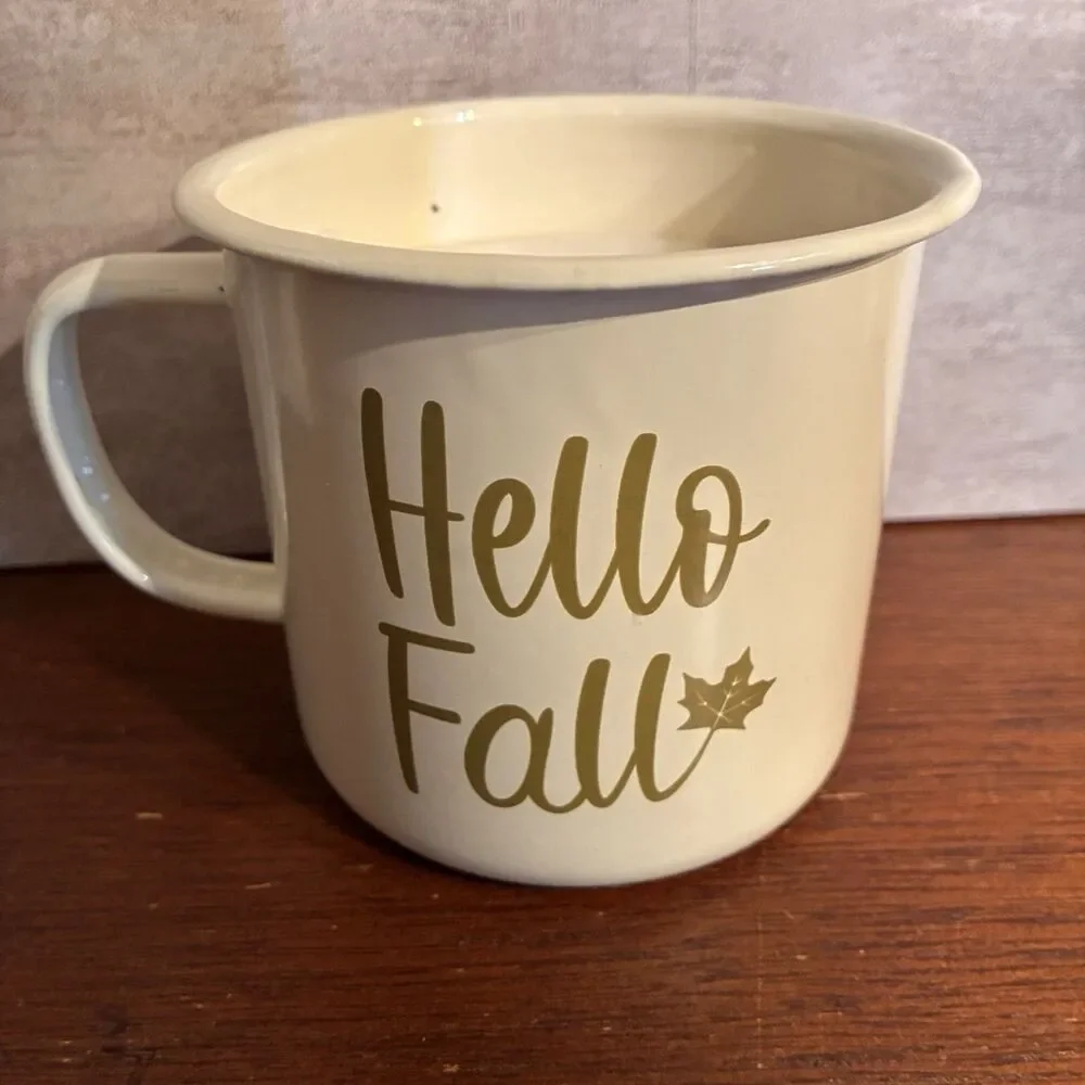 Set Of Fall Decoration. Wooden cup AUTUMN VIBES, Candle In Mug, Dish Towels NEW